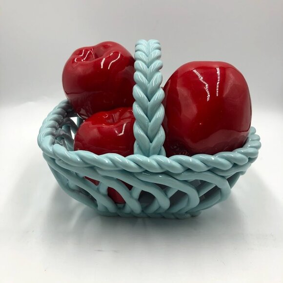 Grace's Pantry Light Blue Hand Woven Ceramic Basket With 4 Faux Apples - Picture 8 of 15